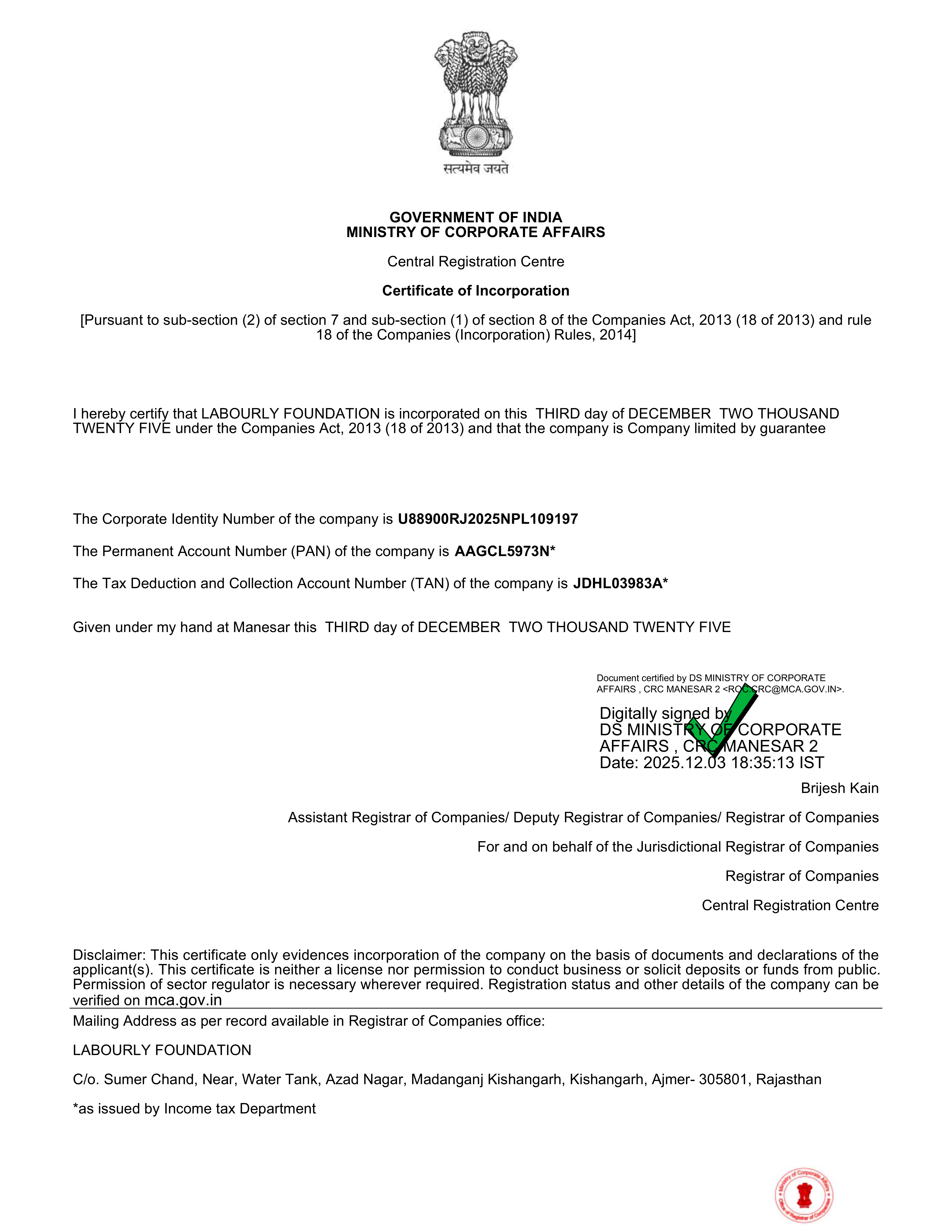 Certificate of Incorporation